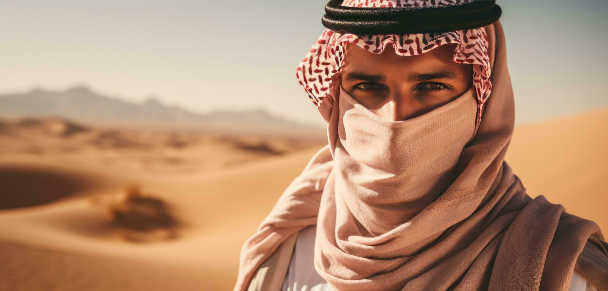 ai gegenereerd Mens in de woestijn gekleed in een Arabisch kleding foto