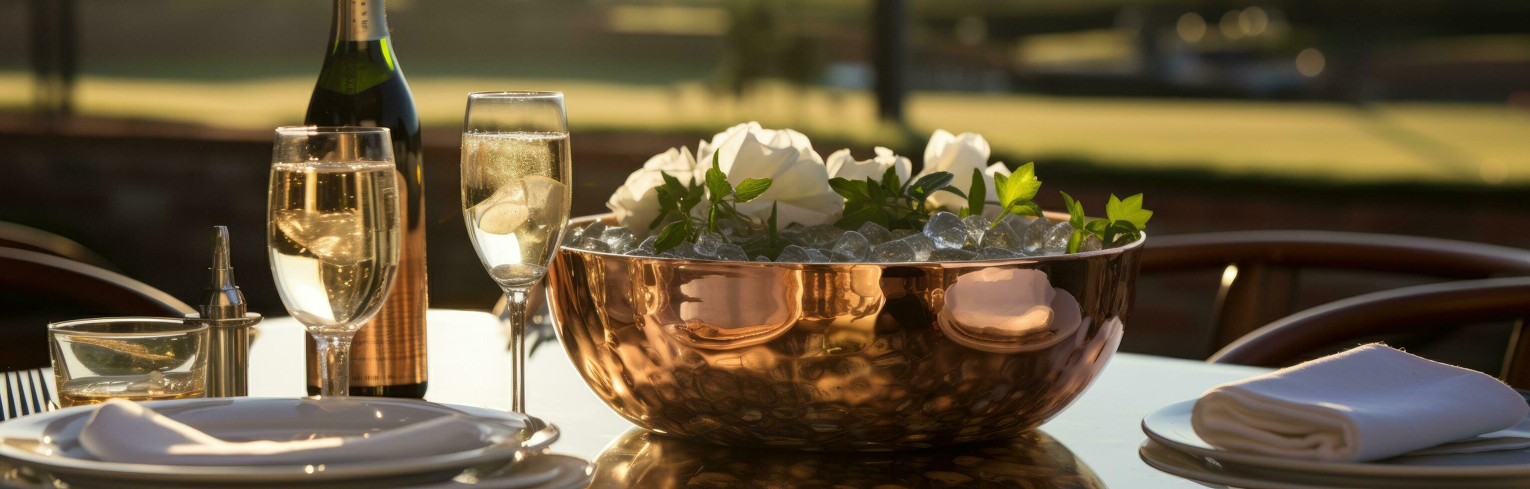 ai gegenereerd Champagne in een koper ijs emmer foto