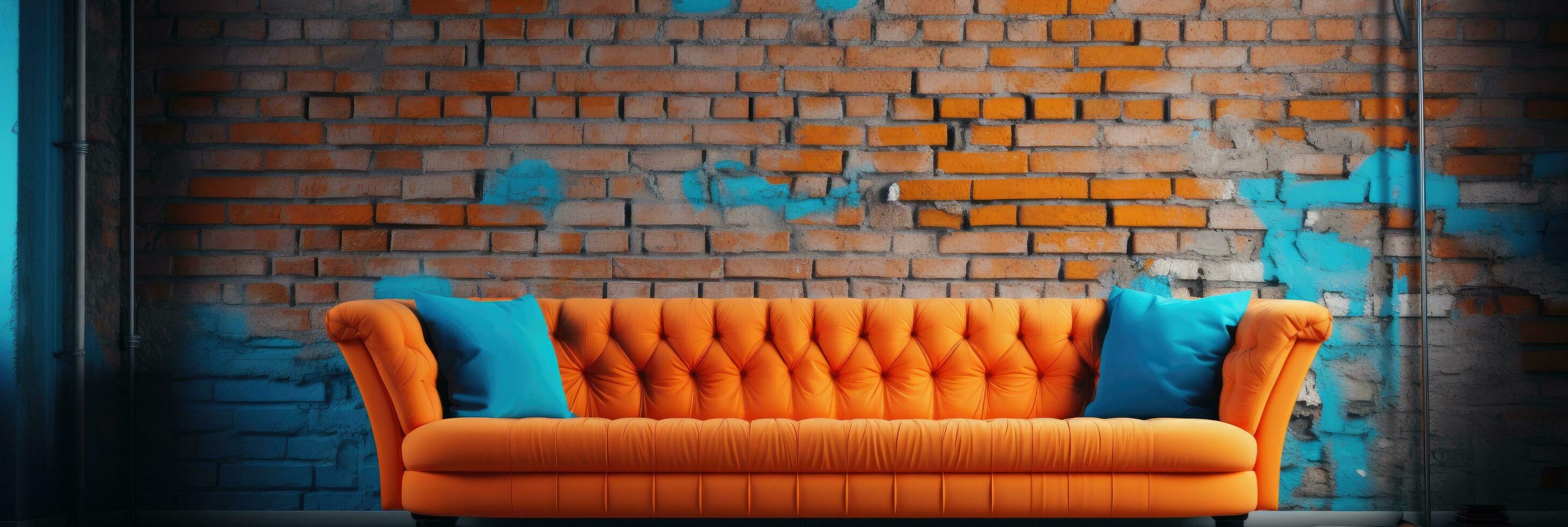 ai gegenereerd blauw en oranje sofa in de leven kamer foto