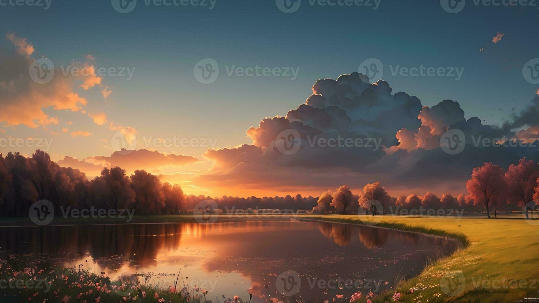 ai gegenereerd mooi natuurlijk landschap. zonsopkomst Aan weide met meer foto