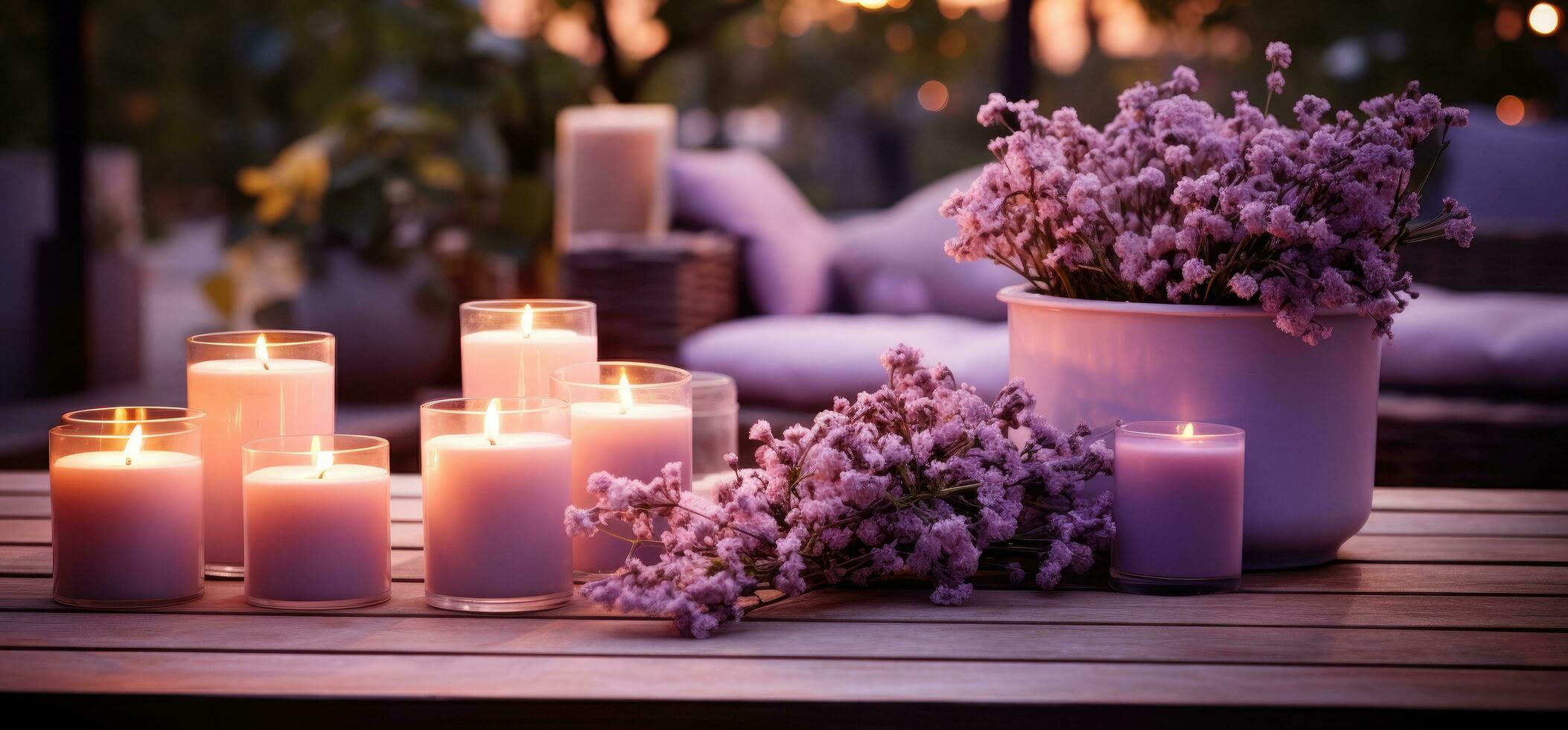 ai gegenereerd een buitenshuis tafereel met kaarsen en bloemen Aan een sofa foto