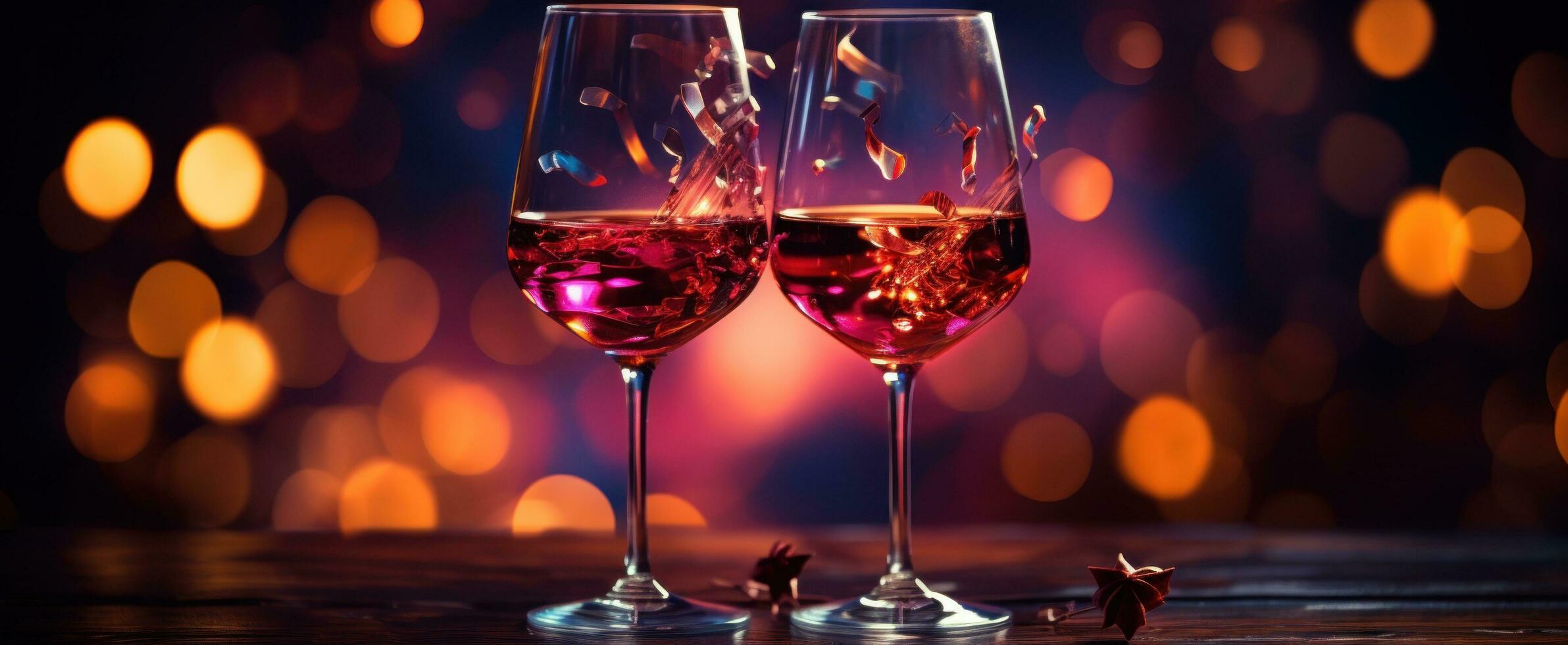 ai gegenereerd twee bril van wijn en rozen Aan een rood tafel foto