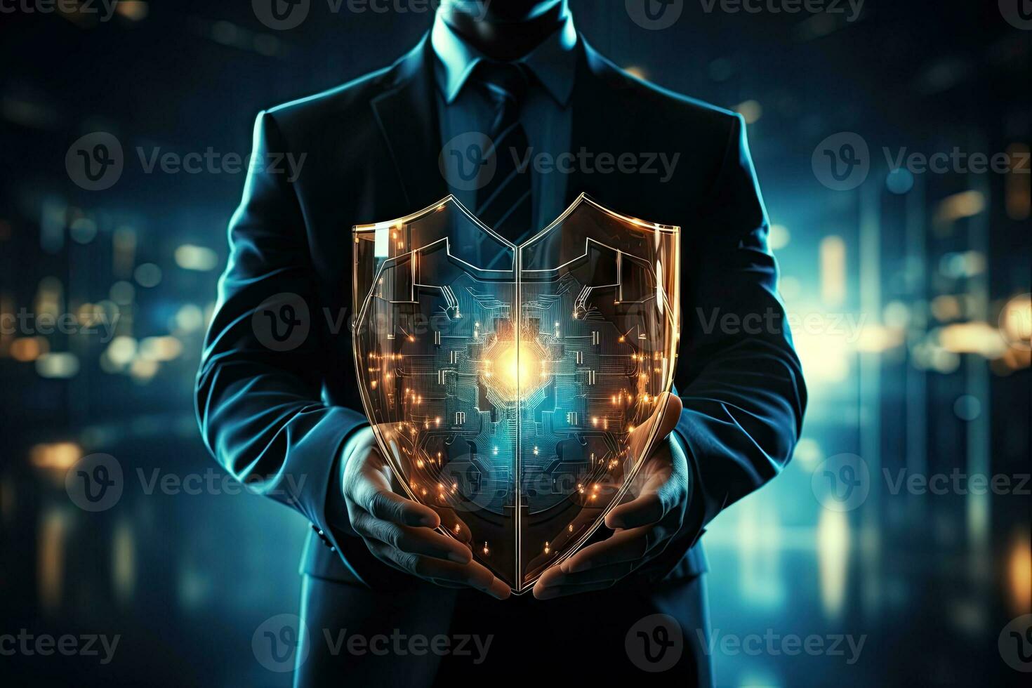 ai gegenereerd cyber veiligheid veilig gegevens bescherming bedrijf technologie privacy concept. zakenman Holding schild beschermen veiligheid icoon veiligheid Aan de virtueel weergave.informatie veiligheid systeem foto