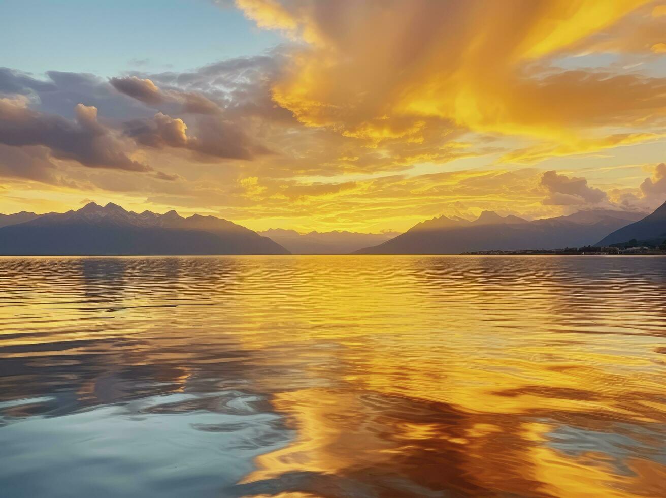 ai gegenereerd helder zonsondergang over- meer gouden wolken reflecteren in de water. ai gegenereerd. foto