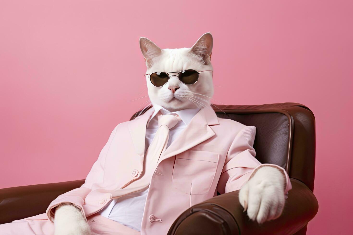 ai gegenereerd een kat is vervelend zonnebril en pak Aan roze achtergrond. ai gegenereerd foto