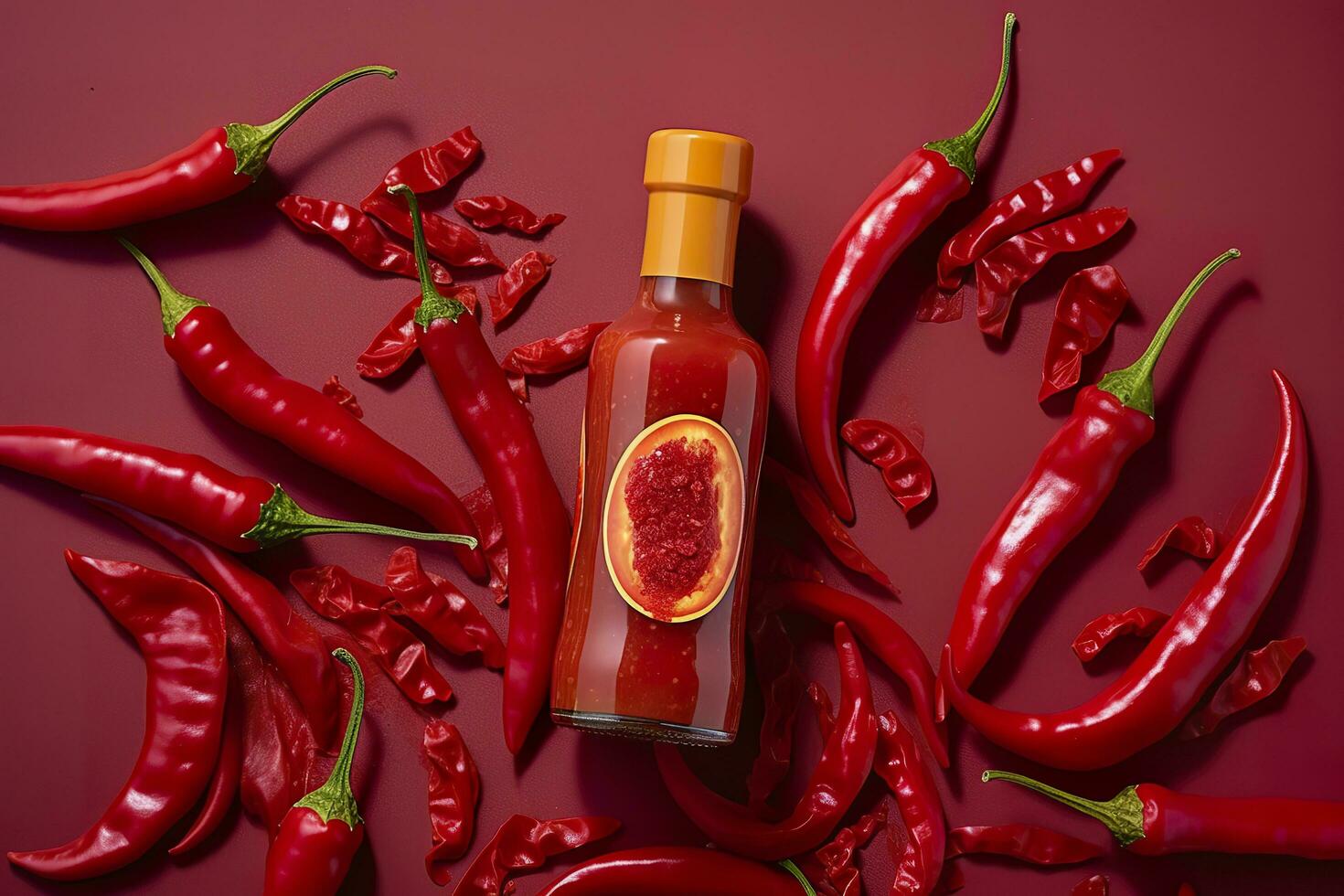 ai gegenereerd tabasco heet peper saus met rood Chili peper, vlak leggen. generatief ai foto