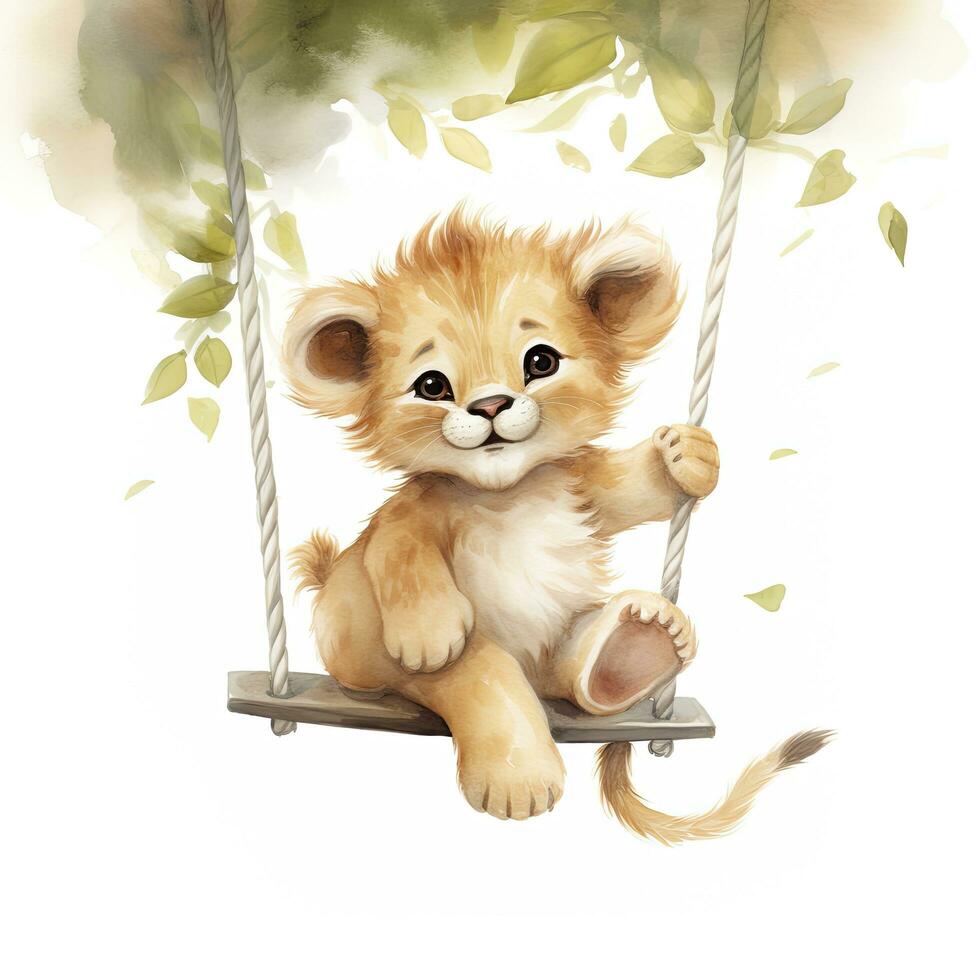ai gegenereerd schattig gelukkig baby leeuw Aan schommels gehecht naar de boom in waterverf stijl. ai gegenereerd foto