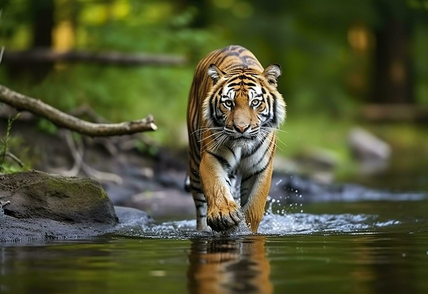 ai gegenereerd amur tijger wandelen in de water. gevaarlijk dier. dier in een groen Woud stroom. generatief ai foto