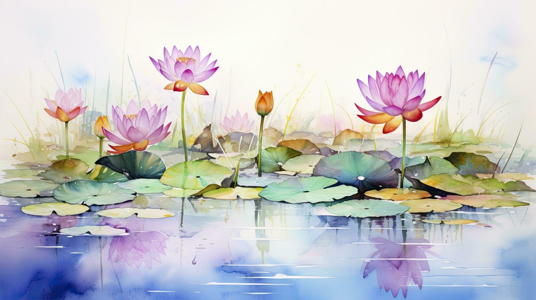 ai gegenereerd waterverf schilderij van lotus bloemen en bladeren in water in een invloedrijk en harmonisch stijl van kleuren foto