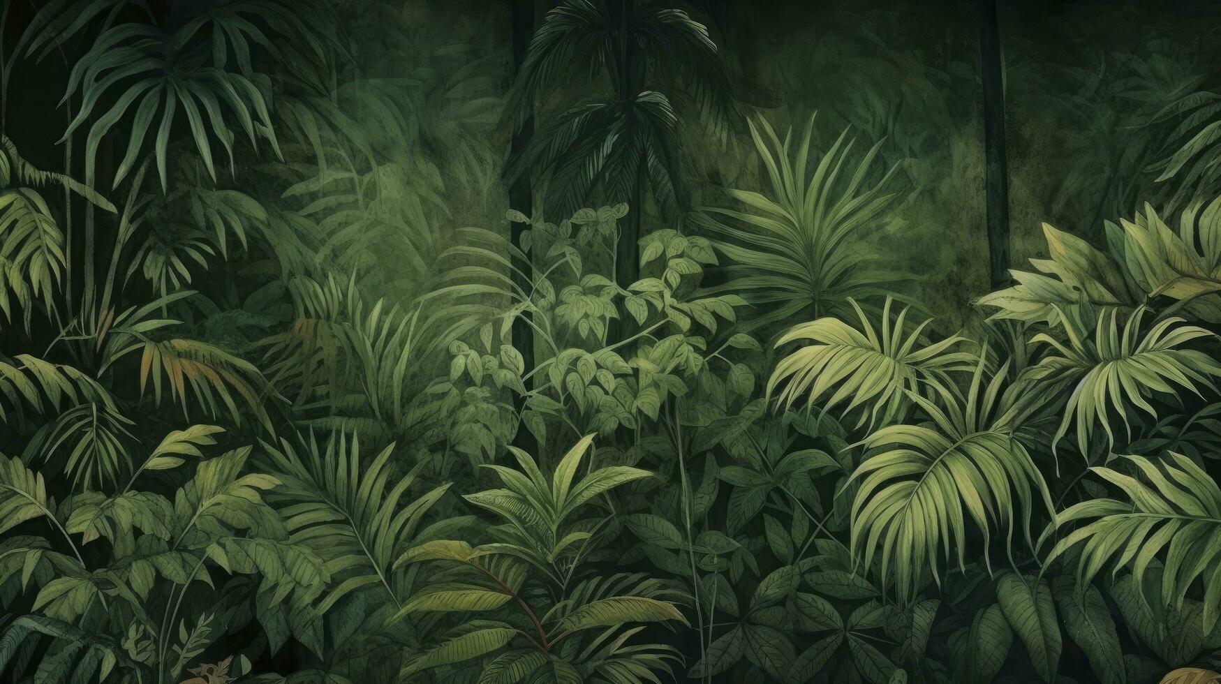 ai gegenereerd tropisch patroon behang met een oerwoud van bladeren, palm bomen, en oud getextureerde tekeningen, oproepen tot een wijnoogst esthetisch net zo een muurschildering achtergrond. foto