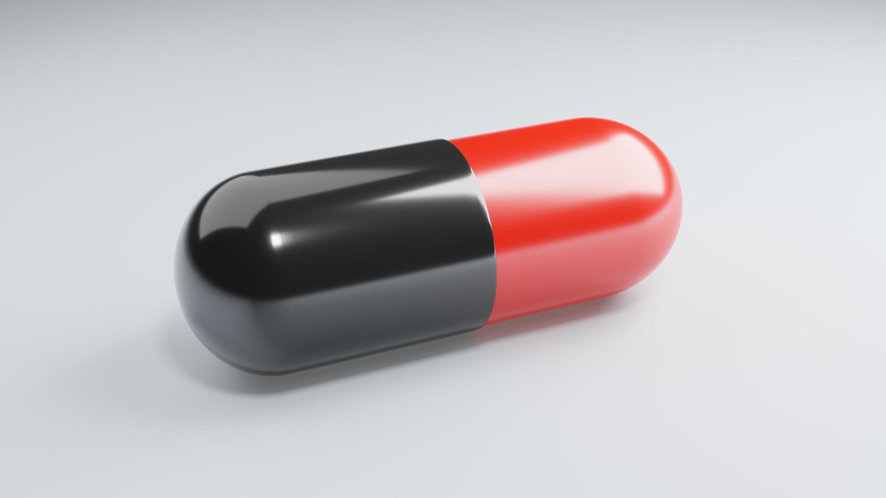 close-up antiretrovirale geneesmiddelen capsule op witte achtergrond. geneeskunde en vaccin concept. medische wetenschap gezondheidszorg. antibiotische immuniteit onderzoek. rood zwarte kleur. 3d illustratie render foto