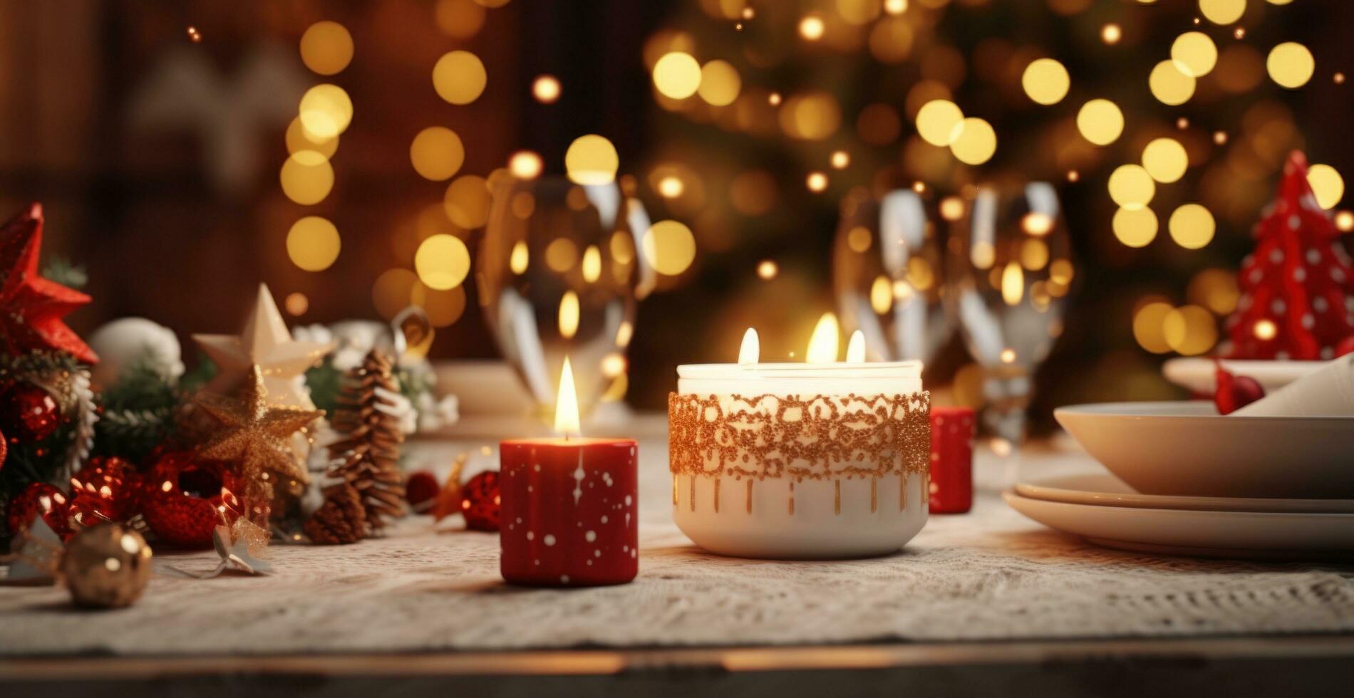 ai gegenereerd Kerstmis themed tafel met kaars lichten foto