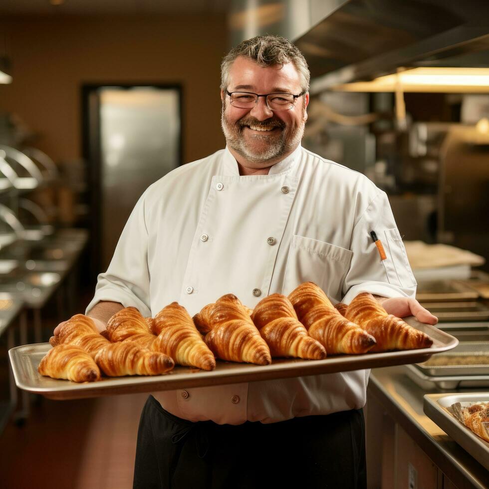 ai gegenereerd een glimlachen chef Holding een dienblad van vers gebakken croissants foto