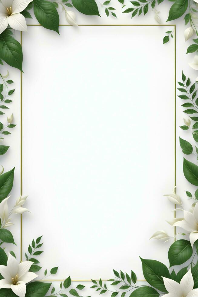 ai gegenereerd groen blad met wit bloem grens kader foto