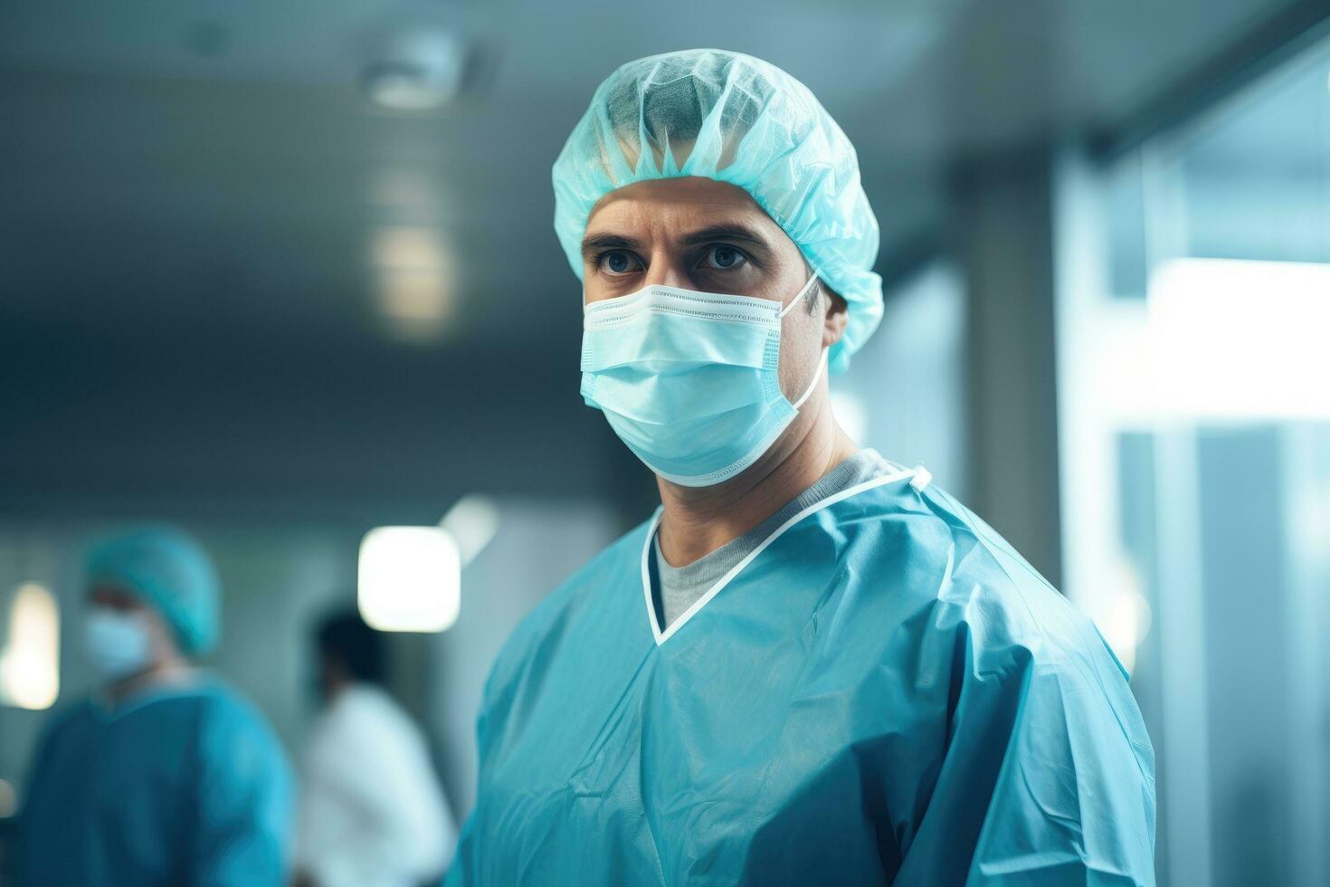 ai gegenereerd portret van chirurg in in werking kamer Bij ziekenhuis. chirurg Bij werk in in werking kamer, een gefocust dokter in scrubs en masker staat in een in werking kamer, ai gegenereerd foto