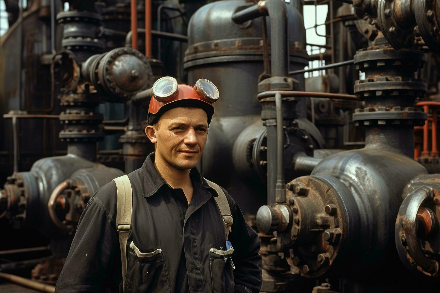 ai gegenereerd portret van een arbeider in een gas- verwerken fabriek. industrieel achtergrond, een Mens in een uniform en een helm, in de buurt de klep van pijpen Bij een gas- mijnbouw plant, ai gegenereerd foto