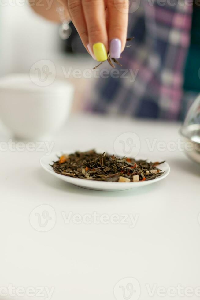 dichtbij omhoog van huisvrouw hand- terwijl voorbereidingen treffen groen thee in de ochtend- aan het doen thee in een modern keuken zittend in de buurt de tafel. zetten met handen, gezond kruiden in pot. foto