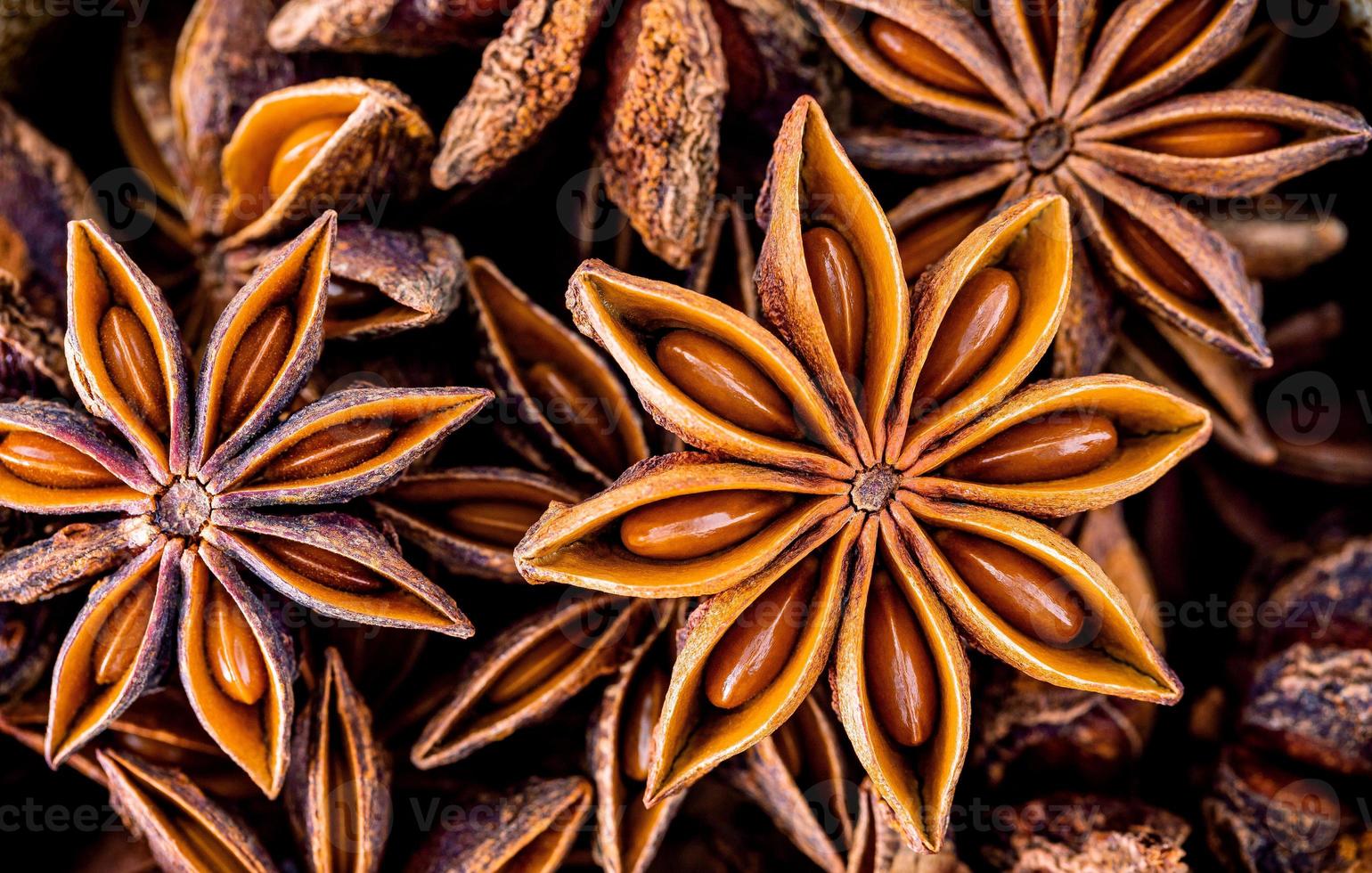 chinese steranijs close-up achtergrond. gedroogde steranijs kruiden fruit bovenaanzicht. foto