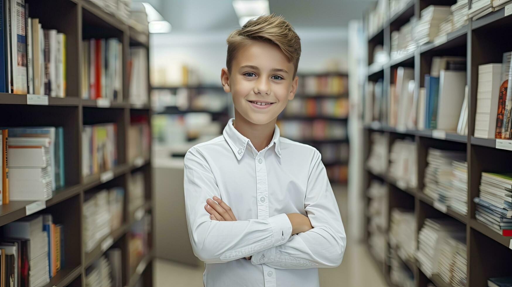 ai gegenereerd een 10 jaar oud jongen staat met zijn armen gevouwen in een boekhandel tussen schappen van boeken. terug naar school- concept. foto