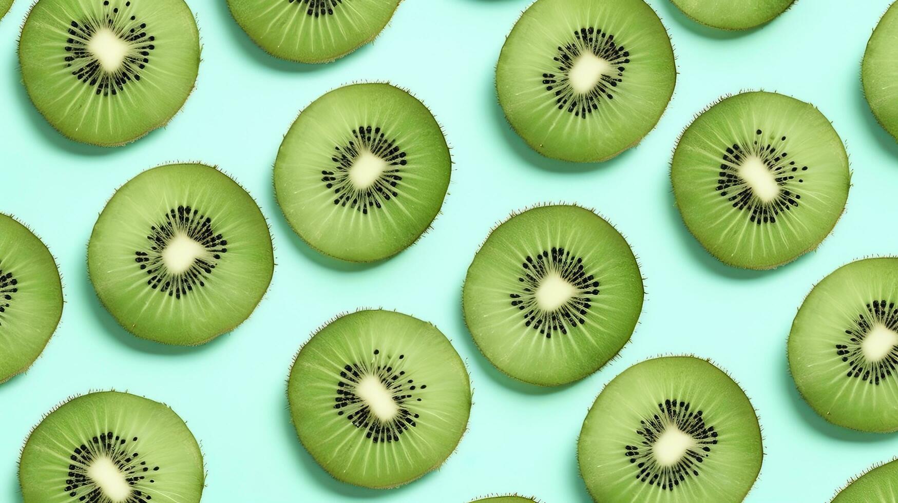 ai gegenereerd plakjes van kiwi fruit en groen munt bladeren Aan een licht pastel blauw achtergrond. ai gegenereerd foto