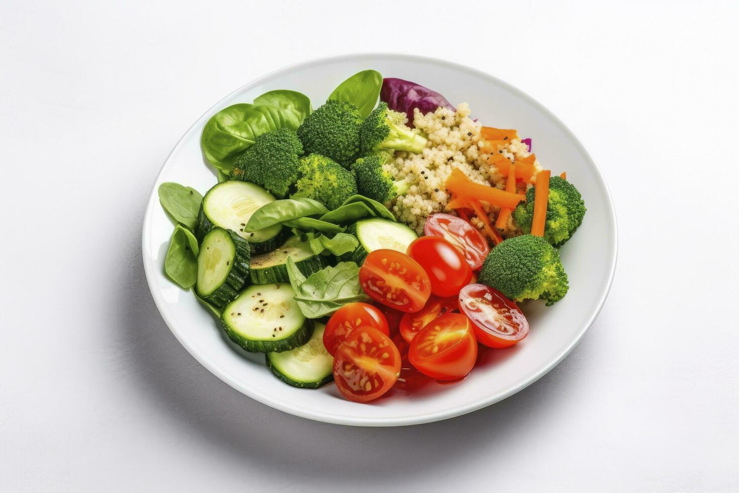 ai gegenereerd salade met quinoa, spinazie, broccoli, tomaten, komkommers en wortels. ai gegenereerd foto