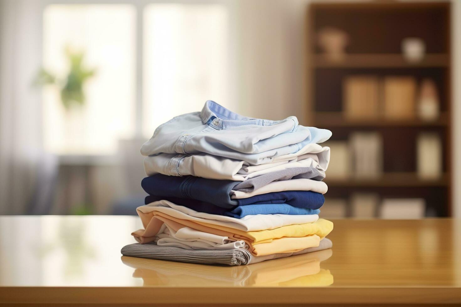 ai gegenereerd stack van schoon kleren Aan tafel in kamer. generatief ai foto