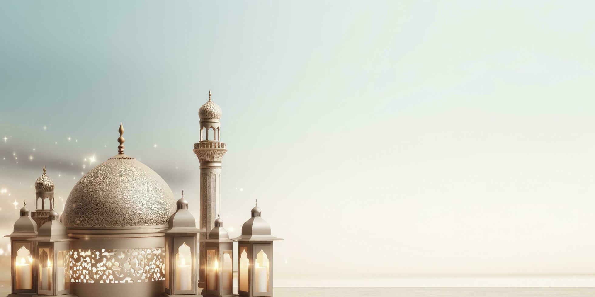 ai gegenereerd viering van Islamitisch eid mubarak en eid al adha lantaarn in een licht achtergrond. ai gegenereerd foto