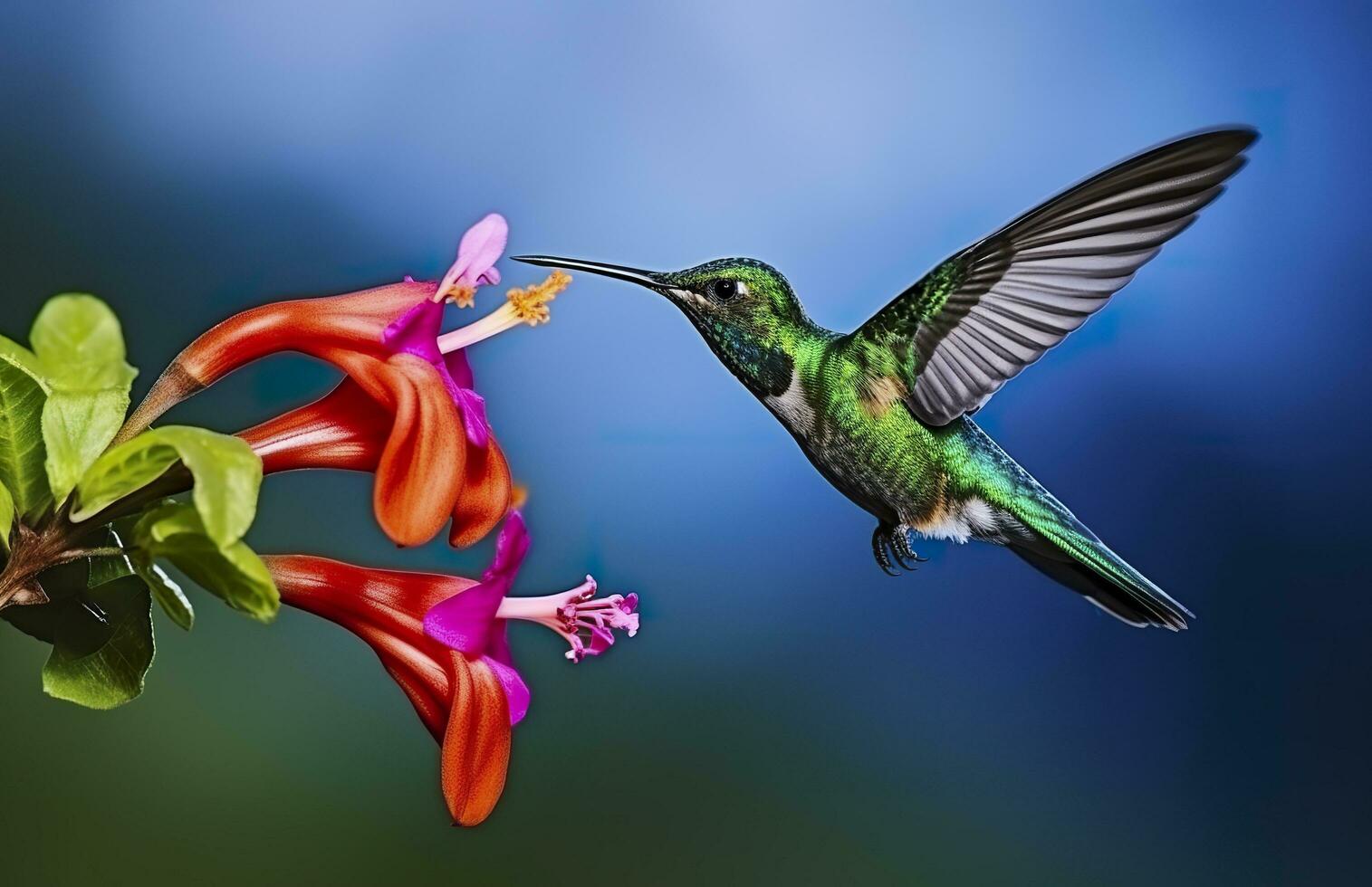 ai gegenereerd kolibrie vogel vliegend De volgende naar een mooi rood bloem met regen. ai gegenereerd foto