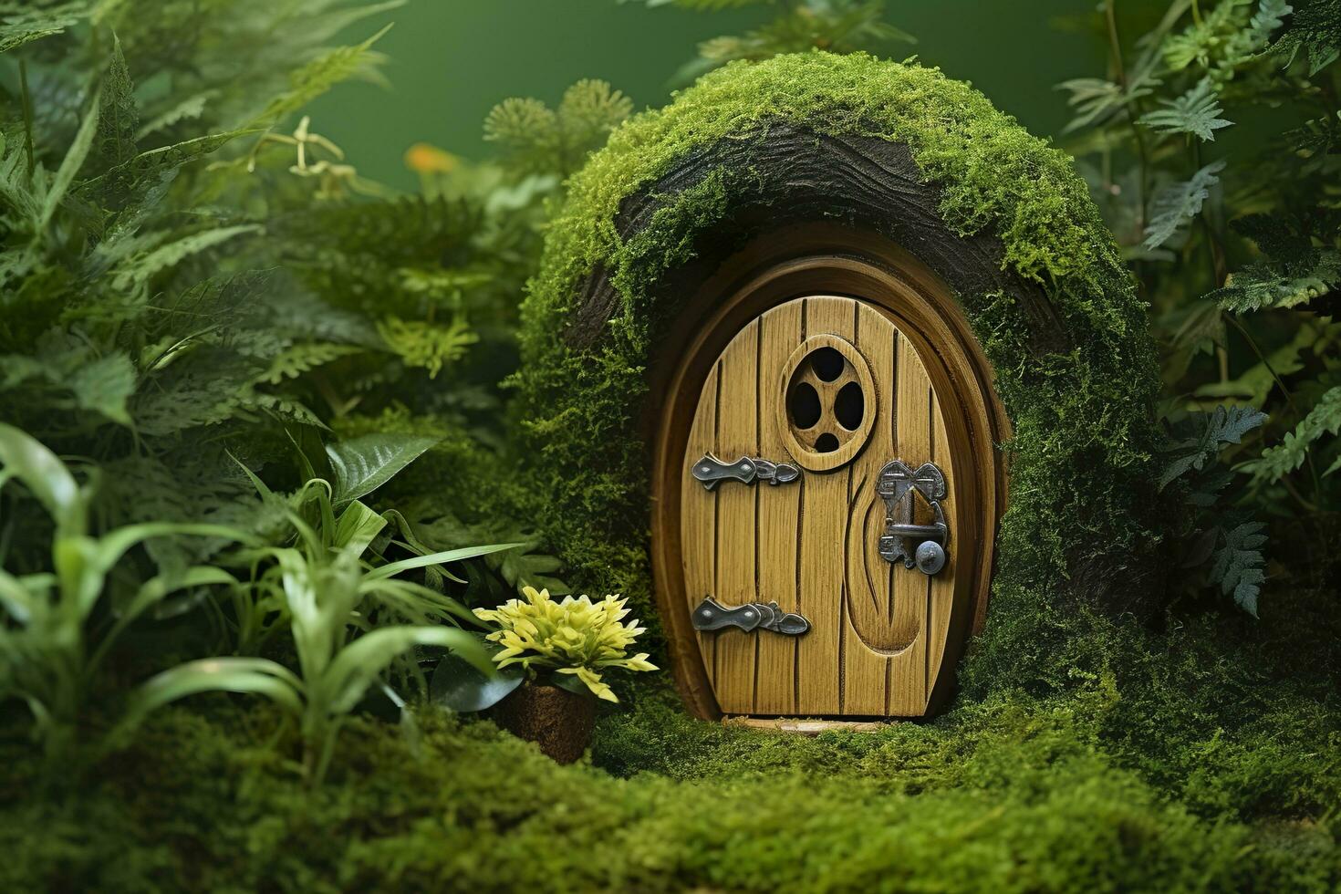 ai gegenereerd weinig magie houten fee deuren en planten vertrekken Aan een bemost natuurlijk groen achtergrond. ai gegenereerd foto