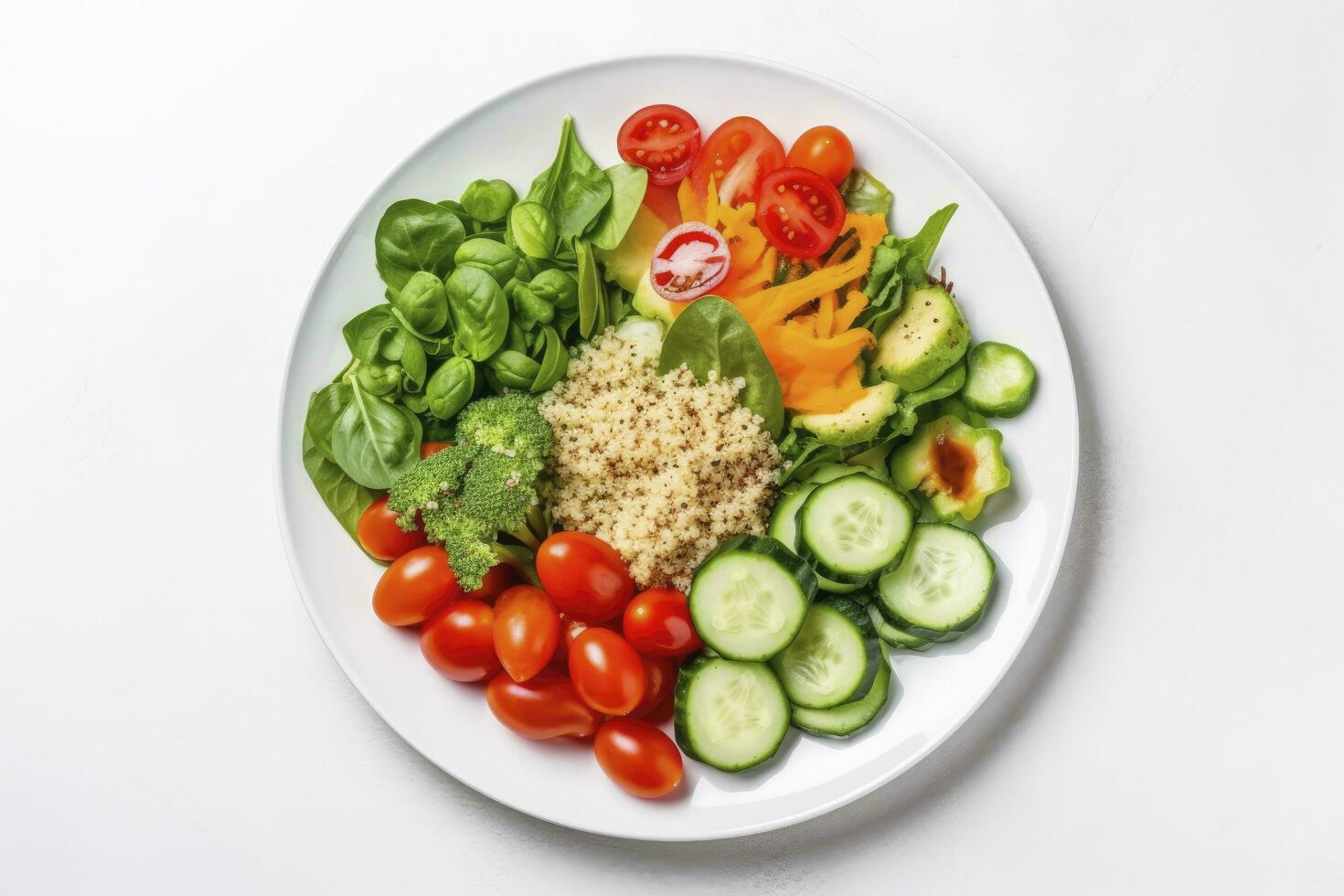 ai gegenereerd salade met quinoa, spinazie, broccoli, tomaten, komkommers en wortels. ai gegenereerd foto