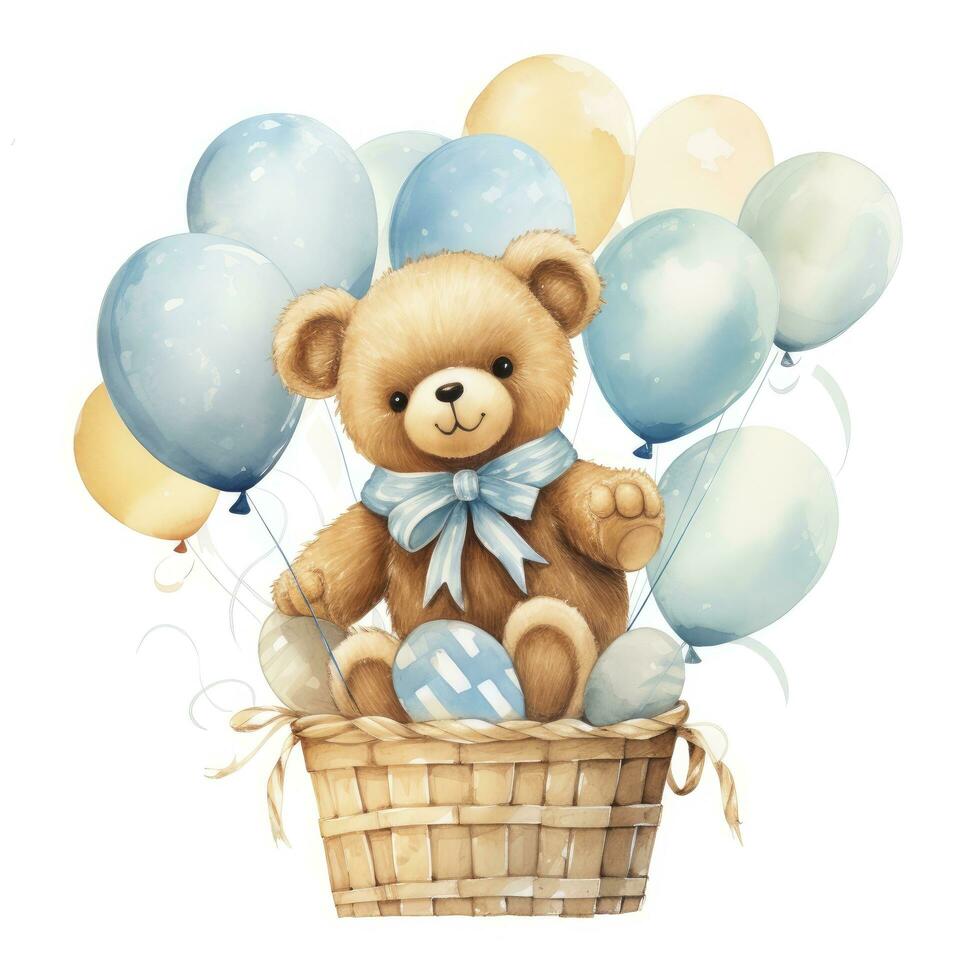 ai gegenereerd een waterverf baby teddy beer is zittend in de mand met blauw en goud ballonnen. ai gegenereerd foto