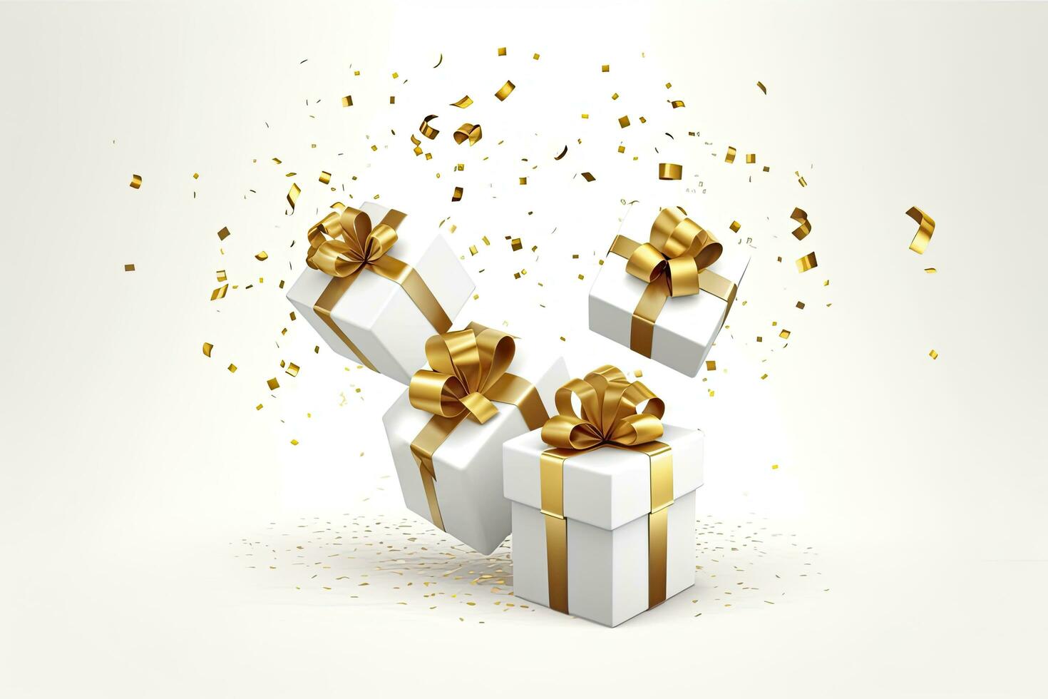 ai gegenereerd vrolijk nieuw jaar en vrolijk Kerstmis 2024 wit geschenk dozen met gouden bogen en goud pailletten confetti Aan wit achtergrond. ai gegenereerd foto