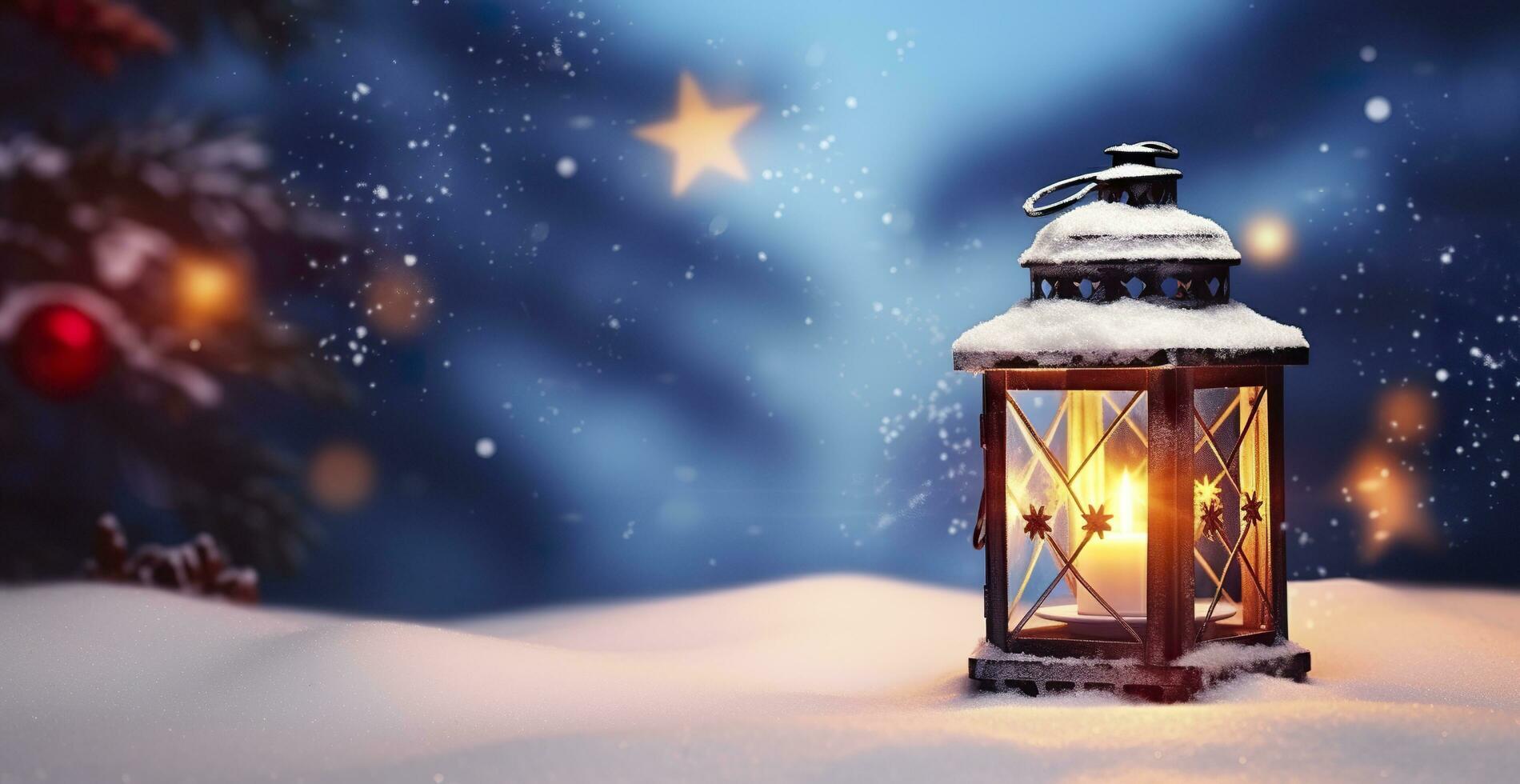 ai gegenereerd Kerstmis lantaarn Aan sneeuw met Spar Afdeling in avond tafereel. generatief ai foto