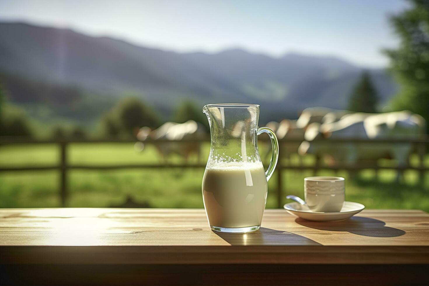 ai gegenereerd glas werper met vers melk Aan een houten tafel. ai gegenereerd foto