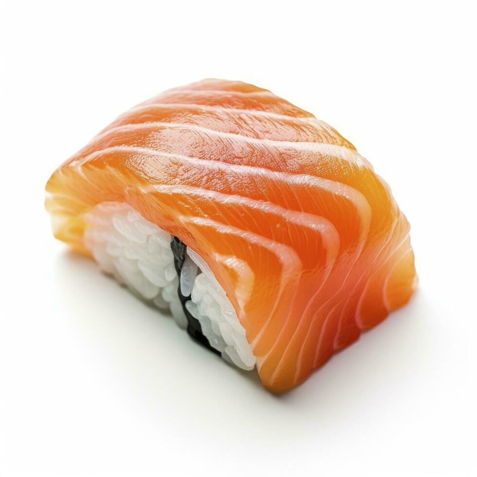 ai gegenereerd een sushi Zalm Aan wit achtergrond. ai gegenereerd foto