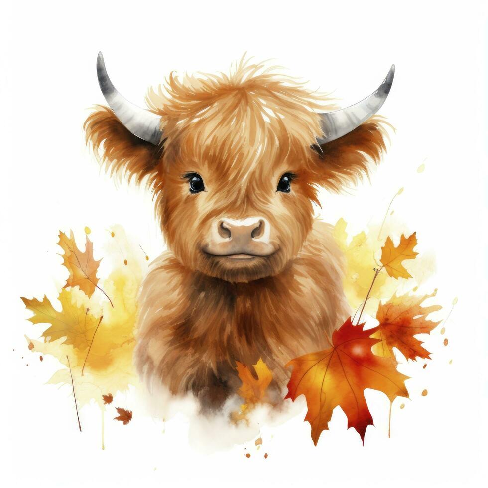 ai gegenereerd gelukkig schattig baby hoogland koe in herfst bladeren in de waterverf stijl. ai gegenereerd foto