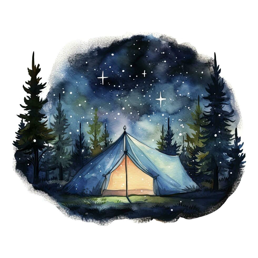 ai gegenereerd een camping tent in de Woud met nacht lucht, waterverf voor t-shirt ontwerp. ai gegenereerd foto