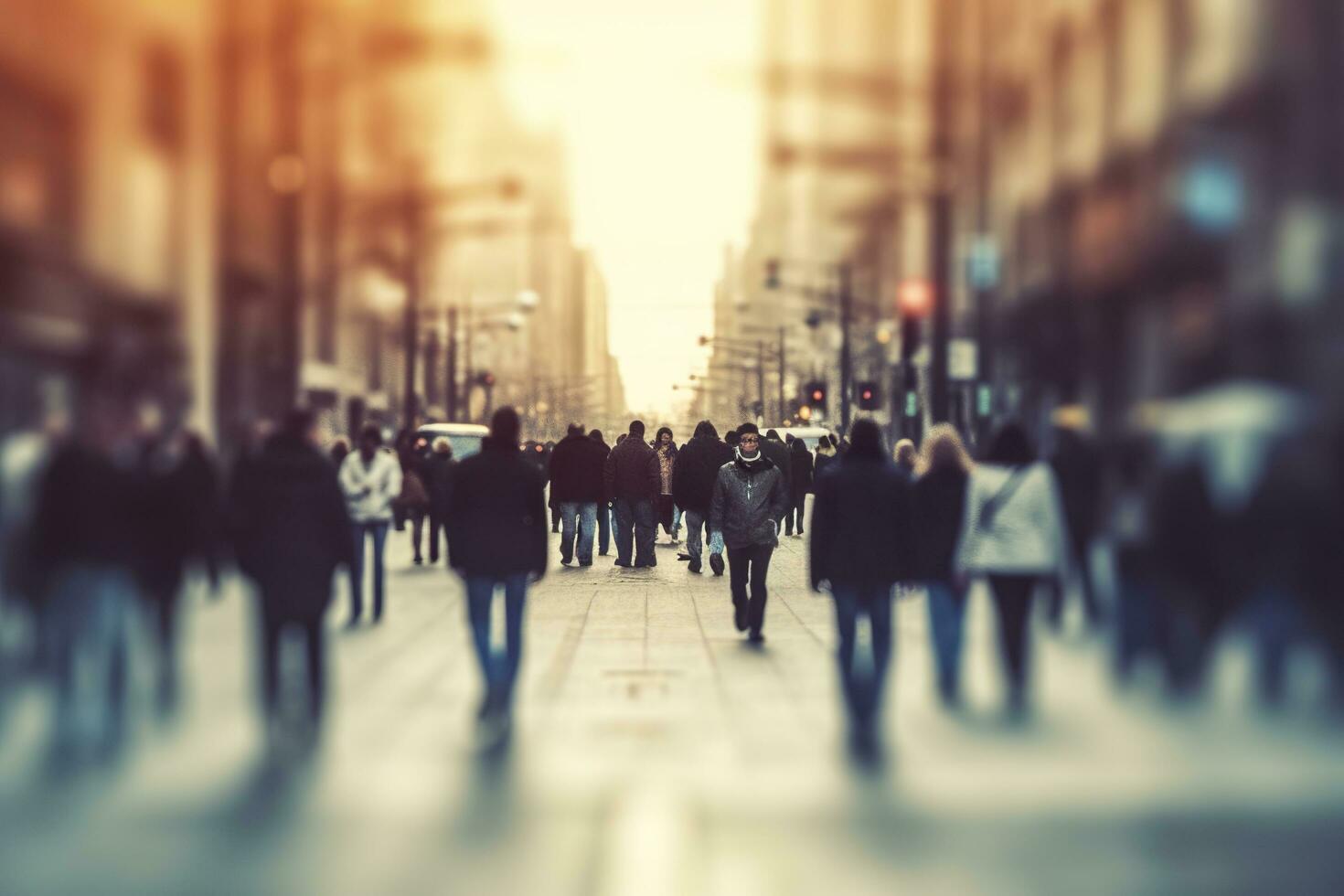 ai gegenereerd wazig bedrijf mensen wandelen in de stad landschap. ai gegenereerd foto