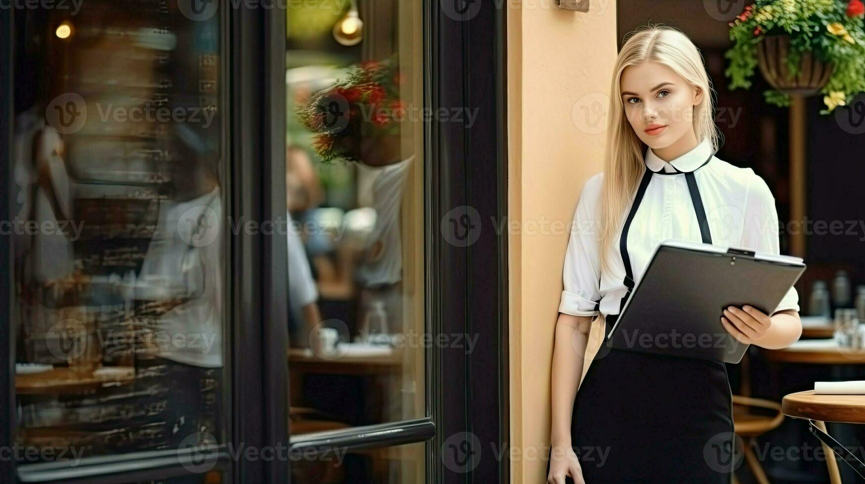 ai gegenereerd mooi hoor gastvrouw meisje staand in de buurt Ingang naar klein Europese stijl cafe. ontvangst van gasten in restaurant. mooi jong vrouw bediende. ai gegenereerd foto