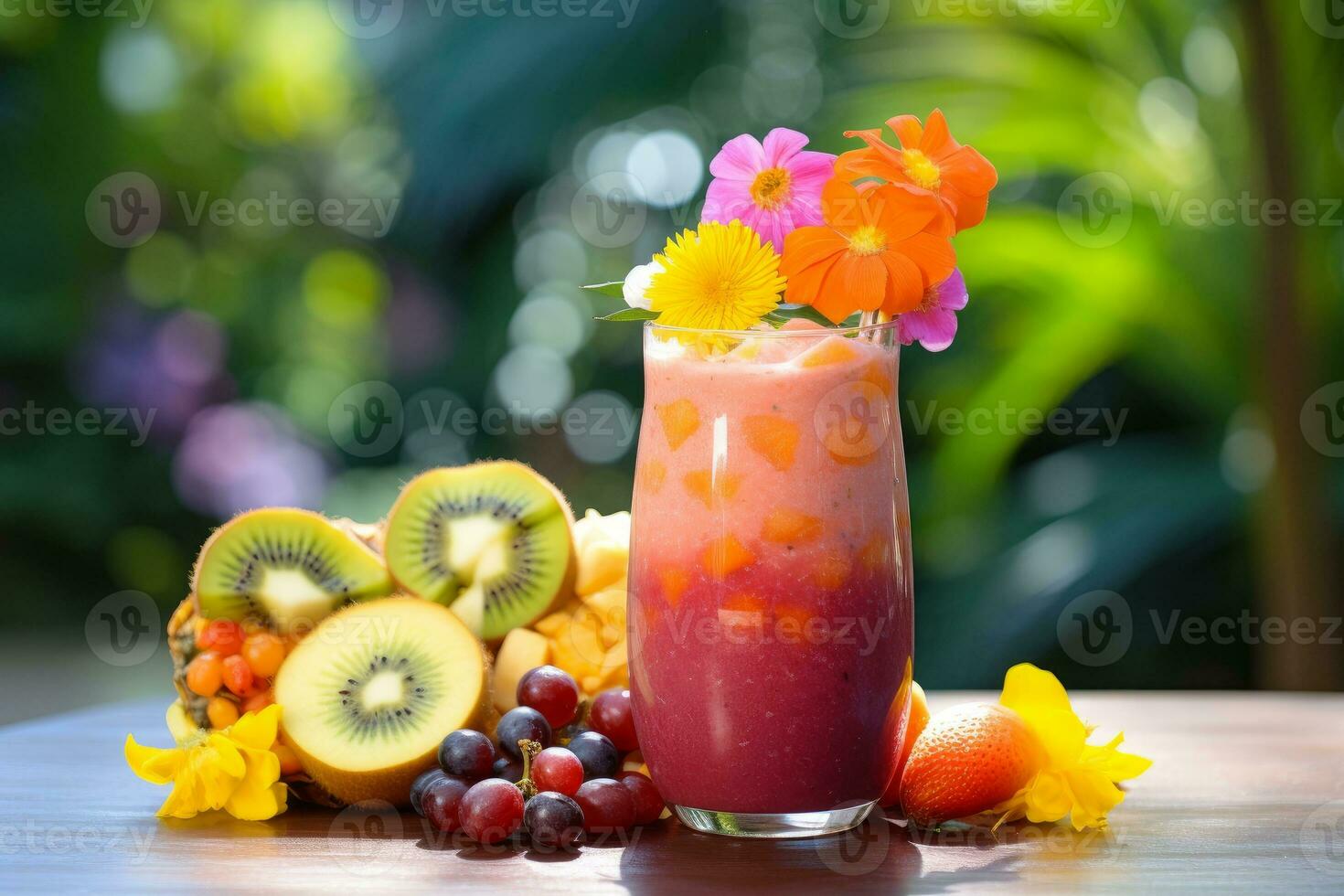 ai gegenereerd foto van een verfrissend fruit smoothie met levendig lagen en een tropisch twist. generatief ai