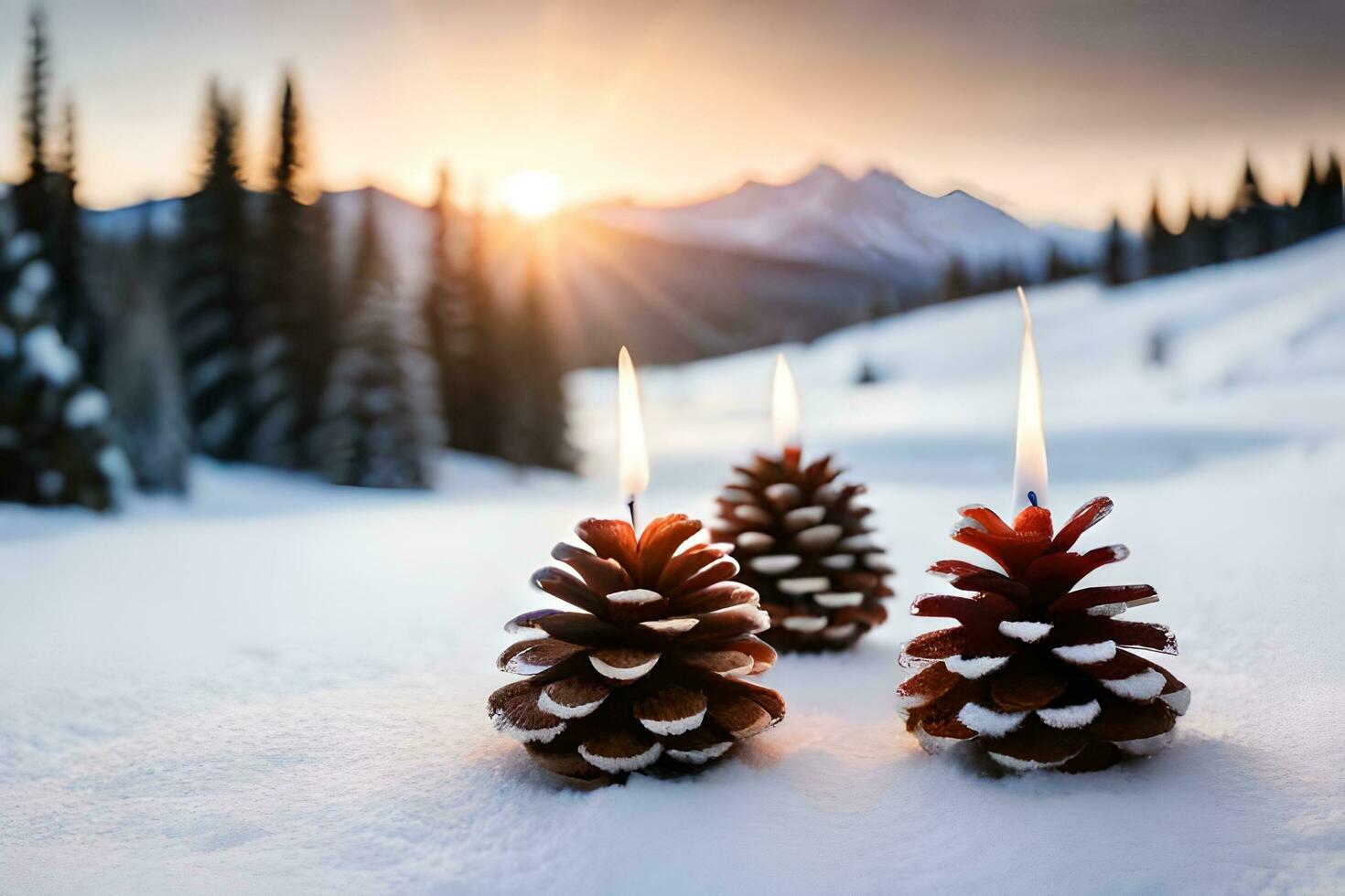 ai gegenereerd drie pijnboom kegels met kaarsen in de sneeuw foto