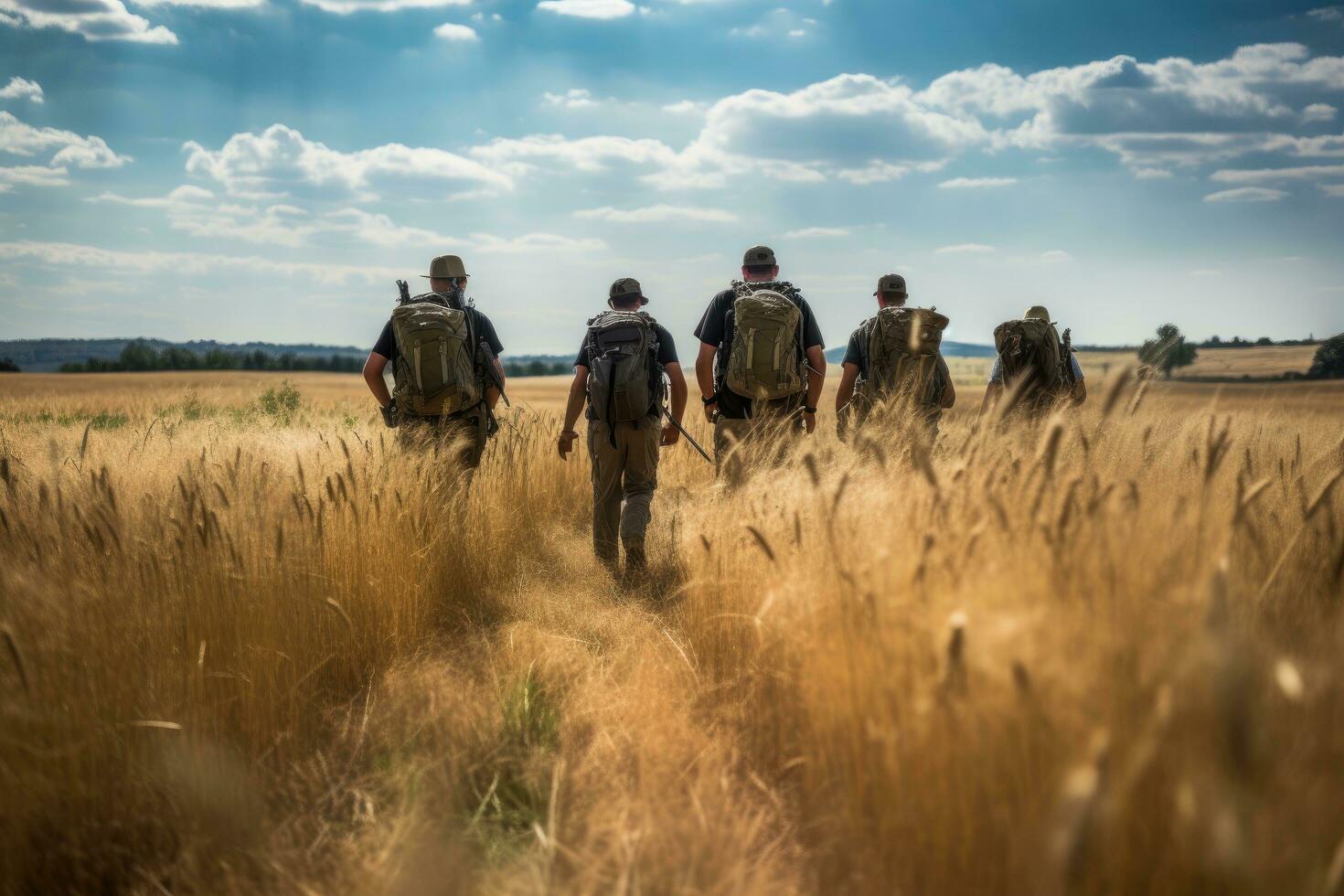 ai gegenereerd achterzijde visie van een groep van mannen wandelen door een tarwe veld, een boswachter team wandelen door een tarwe veld, ai gegenereerd foto