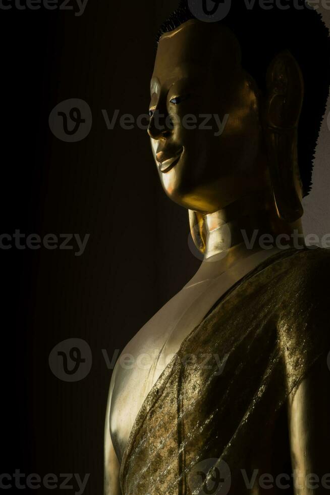 portret van een gouden Boeddha standbeeld in de donker kamers foto