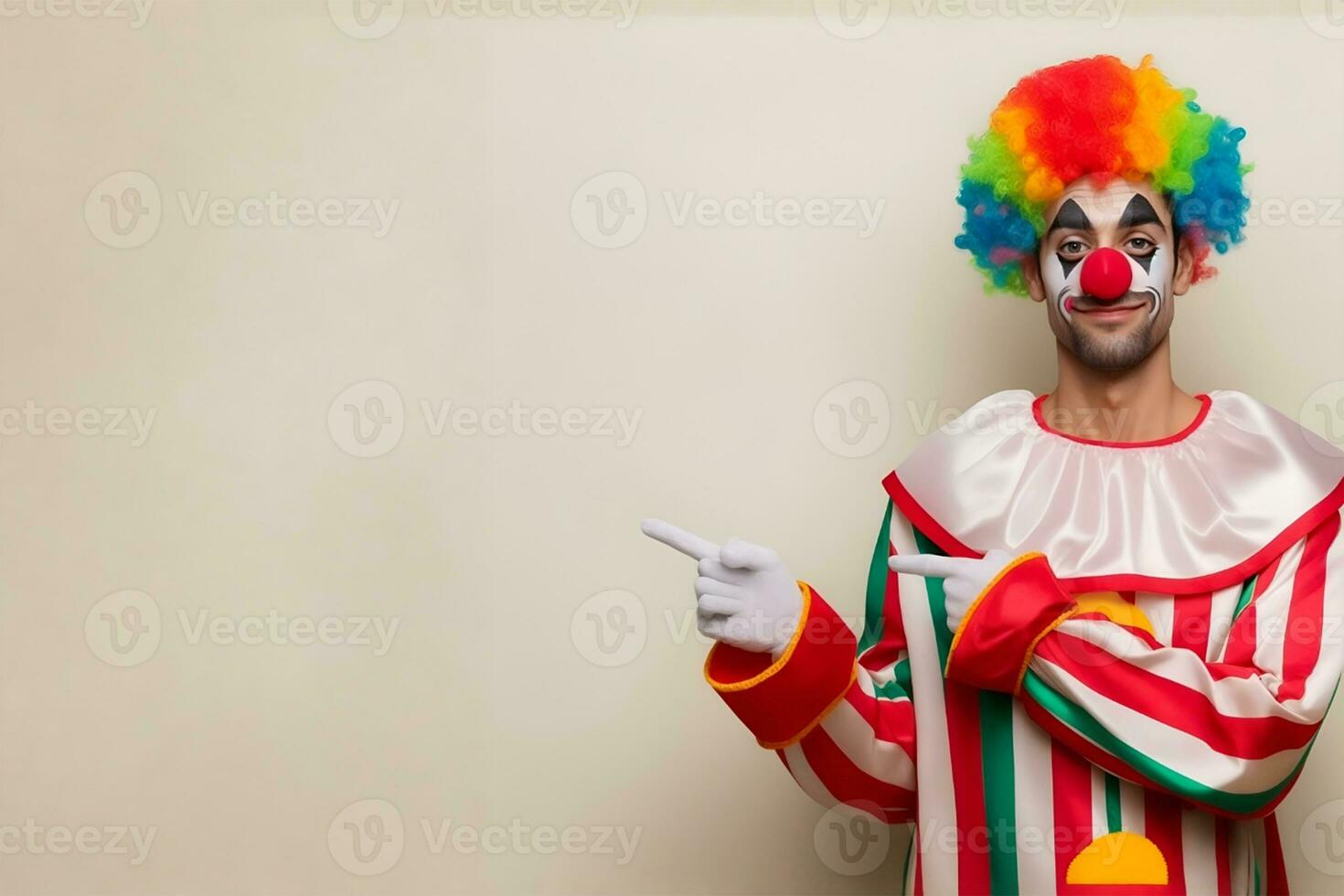 een clown points naar een leeg Oppervlakte, een sjabloon of mockup voor reclame. ai gegenereerd foto