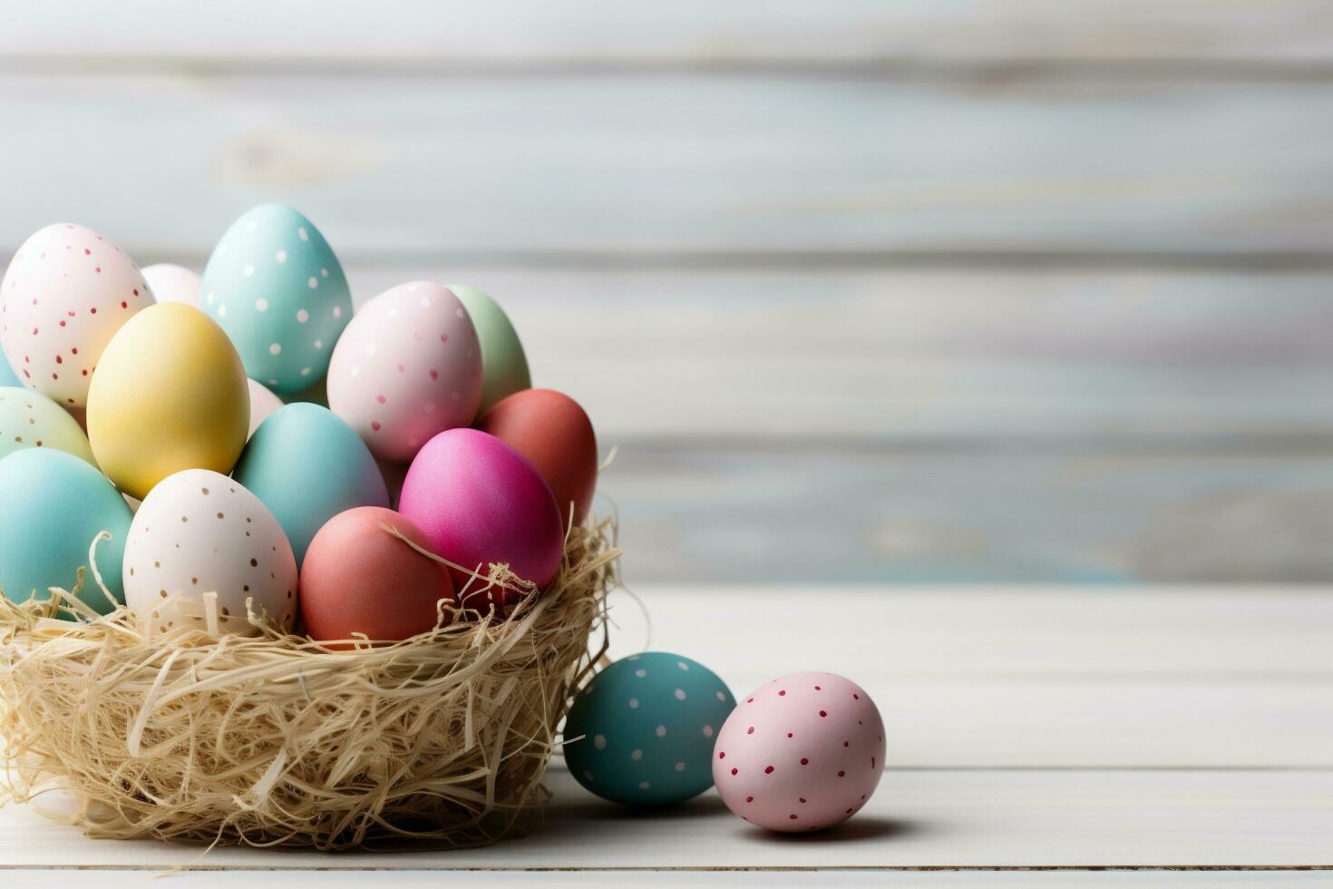 ai gegenereerd Pasen eieren in nest Aan houten achtergrond. gelukkig Pasen kaart. foto