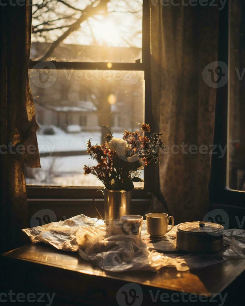 ai gegenereerd nog steeds leven met een boeket van droog bloemen in een vaas Aan een venster dorpel Bij winter foto