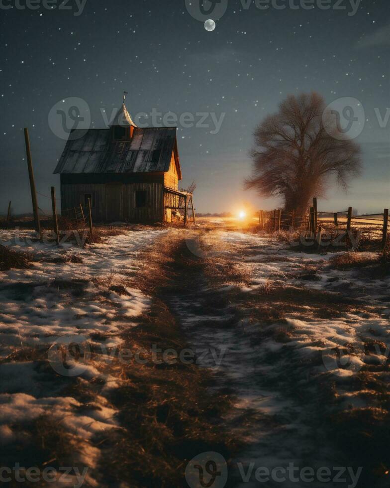 ai gegenereerd oud houten huis in winter Bij nacht met maan en sterren Aan de lucht foto