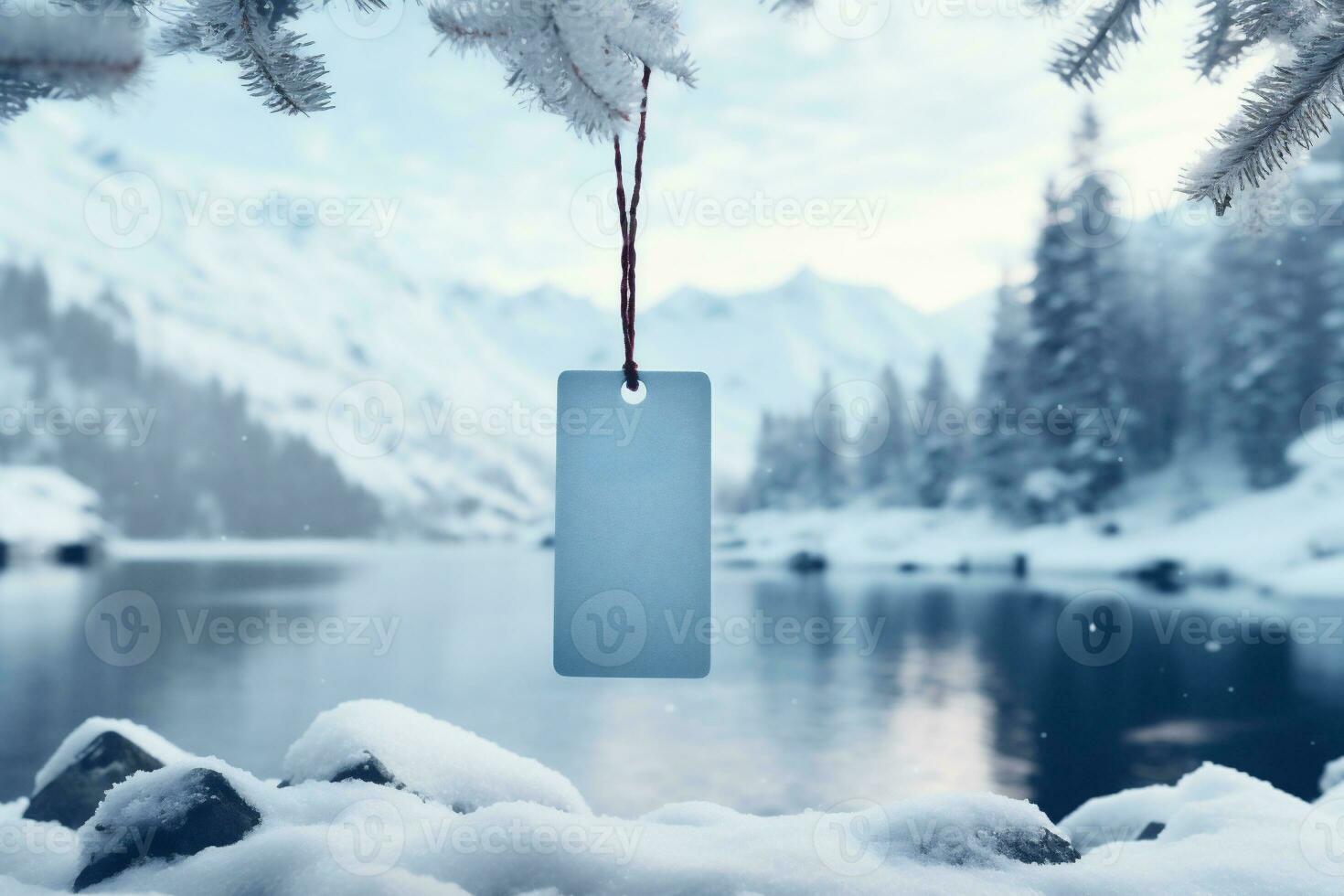 ai gegenereerd blanco blauw Kerstmis geschenk label hangende Aan besneeuwd Spar boom Afdeling Bij winter meer. foto
