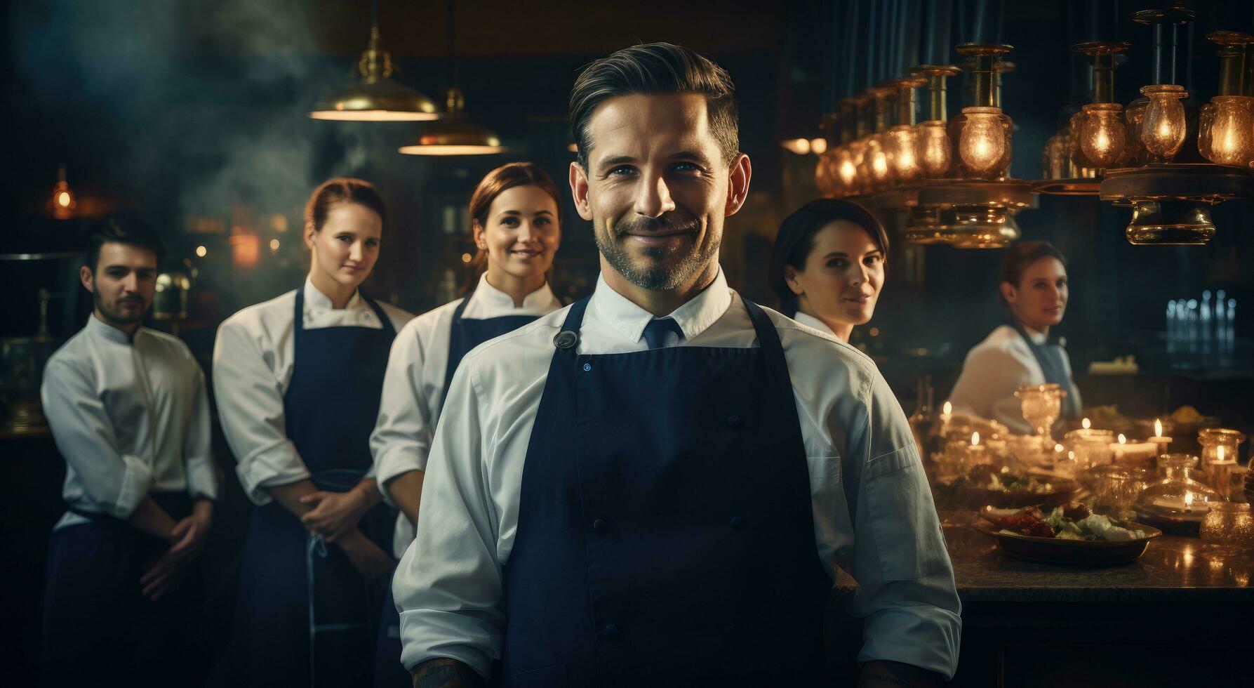 ai gegenereerd chef en keuken personeel staand in keuken met voedsel Aan tafel foto