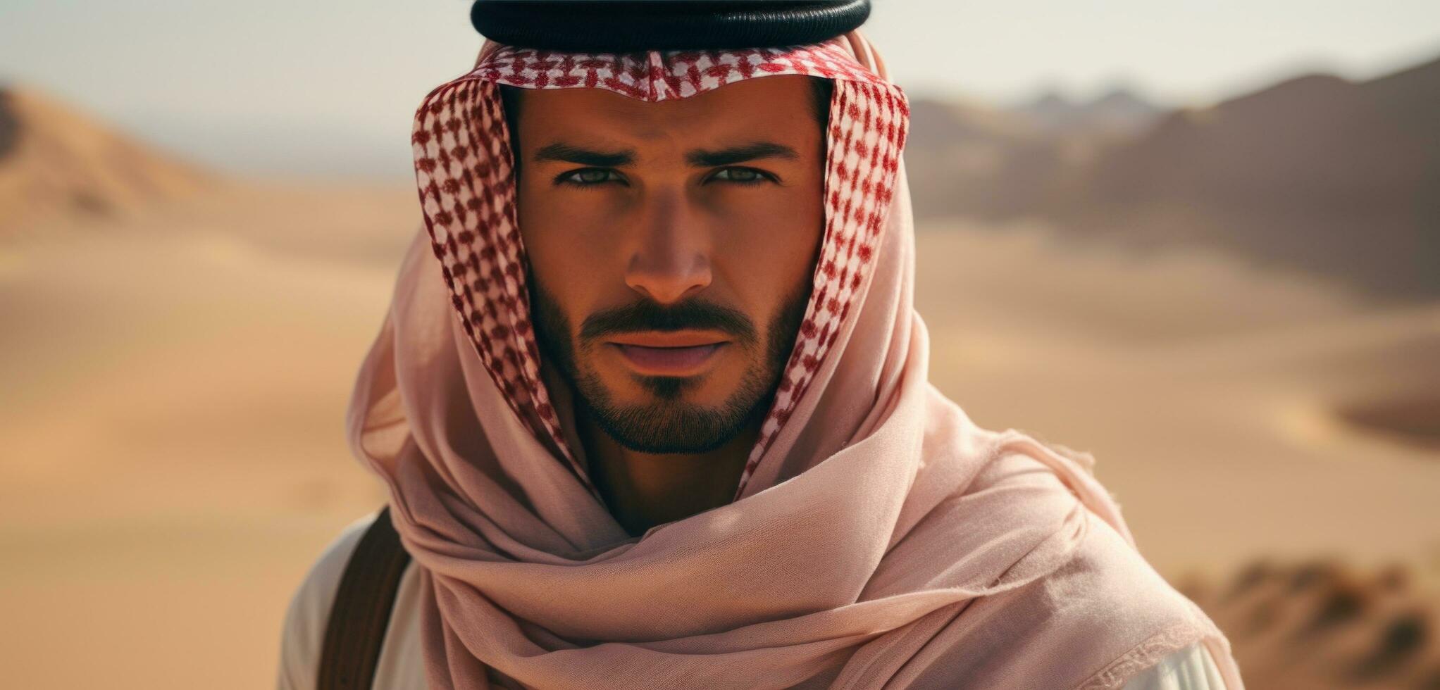 ai gegenereerd Mens in de woestijn gekleed in een Arabisch kleding foto